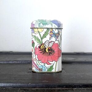 Vintage Floral Tin Jar with Bees and Hummingbird